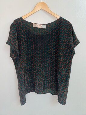 Gemma 100% Silk Brown & Green Leopard Print Short Sleeve Boxy Blouse Small